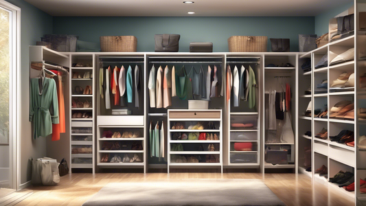 Create a photorealistic image of an organized closet with a top-notch closet system. The closet should be spacious and immaculate, with shelves, drawers, hanging rods, and other organizational feature