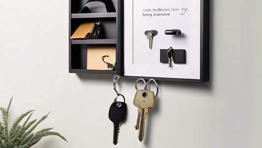 Create an image of a sleek and stylish key holder design that blends seamlessly with home decor, showcasing different innovative and smart ways to store keys such as a magnetic key holder, a key organizer, a hidden compartment key rack, and a key hoo