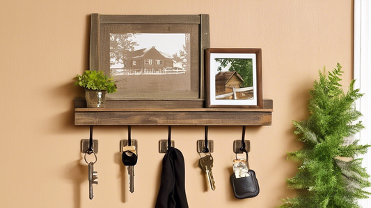 Create an image of a charming entryway key rack featuring a rustic design. The key rack should include elements such as reclaimed wood, antique hooks, and vintage accents to convey a cozy and welcoming feel. Add some greenery or floral decorations to