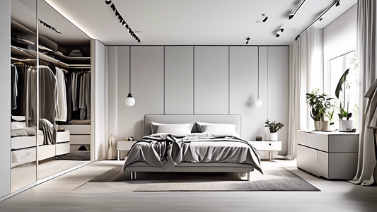A modern bedroom with minimalist furniture and clever clothes storage solutions. The walls are white, and the floor is light gray. The bed is a simple platform bed with a white headboard. There is a n