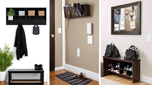 Create an image of a sleek and modern entryway with a key rack and shoe organizer combo. Show a stylish key rack mounted on the wall with hooks for keys, along with a shoe organizer that doubles as a bench or shelf for storing shoes neatly. The entry
