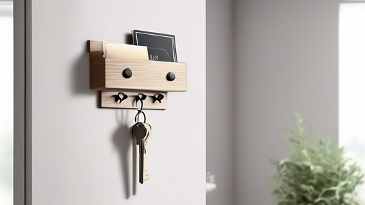 Create an image of a sleek and modern wall-mounted key organizer, showcasing its stylish design and practical functionality. The key organizer should be displayed in a contemporary entryway setting, with minimalist decor and soft lighting to highligh