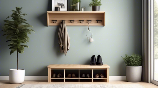 Create an image of an organized entryway featuring a sleek shoe shelf and key rack combo. The design should be contemporary and minimalist, with the shoes neatly arranged on the shelf and the keys hanging on the rack for easy access. Showcasing a sty