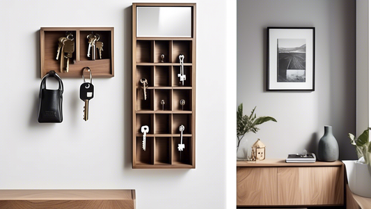 Create an image of a modern and sleek wall-mounted key storage solution in a stylish and well-organized entryway. The key storage should be designed in a way that showcases functionality and aesthetic appeal, with emphasis on practical tips that enha