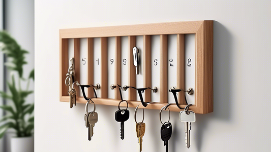 Create an image of a stylish and practical key hanger display featuring the top 10 key hangers for small spaces. The image should showcase a variety of designs and materials to cater to different styles and preferences, while highlighting their compa