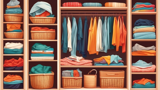 An aesthetically pleasing arrangement of various wicker and canvas baskets containing folded and neatly arranged clothing items, showcased in a well-lit and organized closet or bedroom setting.