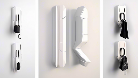 Create an image of a futuristic and stylish key hanger design that maximizes space in a small apartment. The key hanger should be sleek and innovative, utilizing built-in hooks, shelves, or compartments to efficiently store keys and other small items