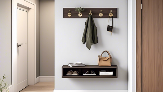 Create an image of a modern and stylish entryway design featuring a key rack and shelf combo designed to maximize space efficiency. The image should showcase the key rack integrated seamlessly into the shelf, with hooks for keys and additional storag