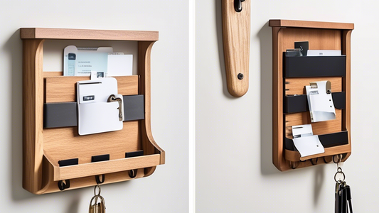 Create an image showing a stylish and modern key and mail organizer hanging on a wall near a front door, showcasing how it helps in organizing space and keeping belongings neat and tidy. The organizer should feature compartments for keys, incoming an