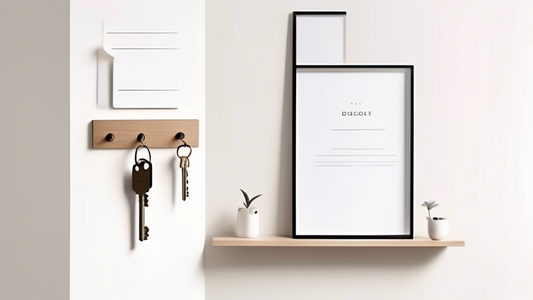 Create an image of a sleek, modern wall-mounted key holder featuring a minimalist design aesthetic. The key holder should have clean lines, a neutral color palette, and be mounted on a white wall in a stylish and organized entryway setting.