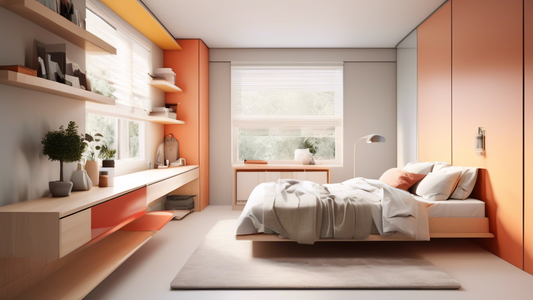An organized and serene bedroom with ample storage solutions, including built-in wardrobes, under-bed drawers, and floating shelves. The overall aesthetic is minimalist and modern, with a focus on fun