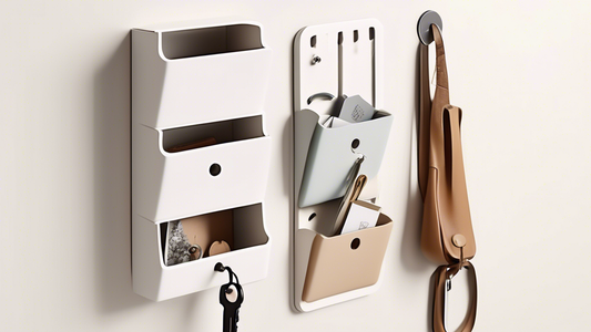 Create an image of a multi-functional key and mail organizer featuring sleek and modern design elements, suitable for a contemporary entryway. The organizer should have compartments for keys, letters, and other small items, with a minimalist yet styl