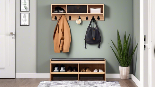 Create an image of a stylish and practical entryway setup featuring a key rack and shoe organizer combo. The design should be both functional and aesthetically pleasing, showcasing the convenience and organization that this combination provides. The 