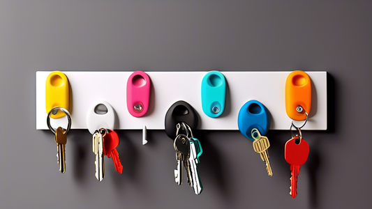 Create an image of a modern, space-saving key rack design that can efficiently store multiple sets of keys. The key rack should be functional yet stylish, showcasing an innovative and tidy solution for organizing keys in a home setting.