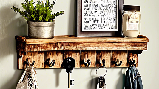 Create an image of a charming rustic entryway with a handmade key rack featuring clever design tips such as incorporating repurposed materials, using hooks with labels, and adding a small shelf for decorations or a plant. Let the image showcase the c