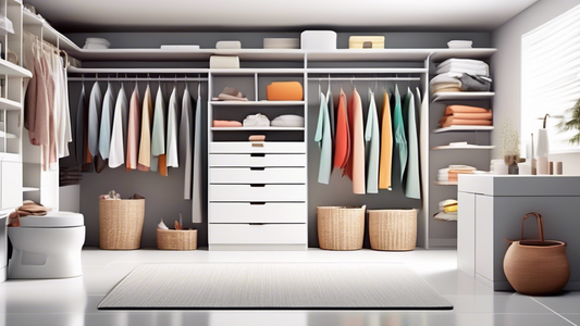A variety of closet organizers used to declutter a bathroom, such as shelves, drawers, and baskets, in a clean and organized space with white walls and light gray flooring.