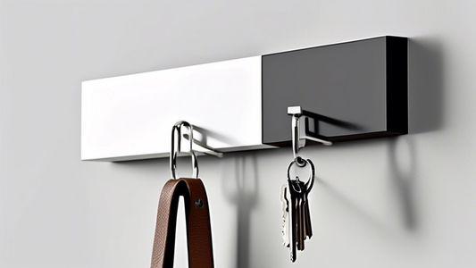 Create an image of a sleek and modern wall-mounted key holder featuring a minimalist design. The key holder should have clean lines, a polished finish, and be mounted on a neutral color wall to signify modernity and simplicity. Display a set of keys 