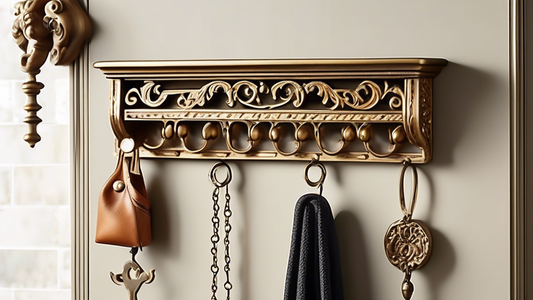 Create an image of a vintage-inspired key hook rack that utilizes intricate scrollwork and ornate details, blending elements of old-world charm with modern functionality. The design should embody a sense of elegance and sophistication, featuring a ri