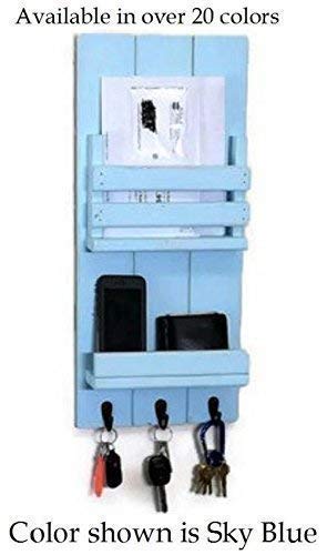 Sydney Vertical Mail Organizer, Key Holder & Shelf - Wall Organizer - Key Hook - Entryway Organizer - Rustic Wood - Sky Blue - 20 Colors