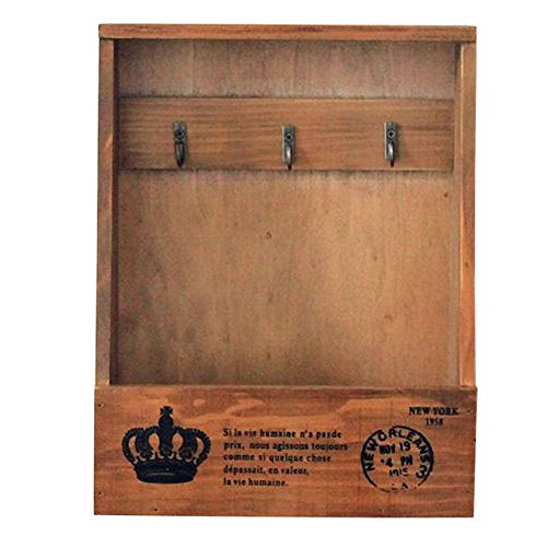 Olpchee Retro Wooden Wall Mounted & Tabletop Key Holder Rack Organizer Letter Mail Holder with 3 Key Hooks for Entryway Kitchen Office (Brown)
