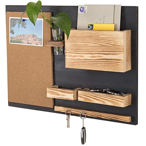 MyGift Wall-Mounted Organizer with Cork Bulletin Board, Mail Holder, Key Hooks, Flower Vase