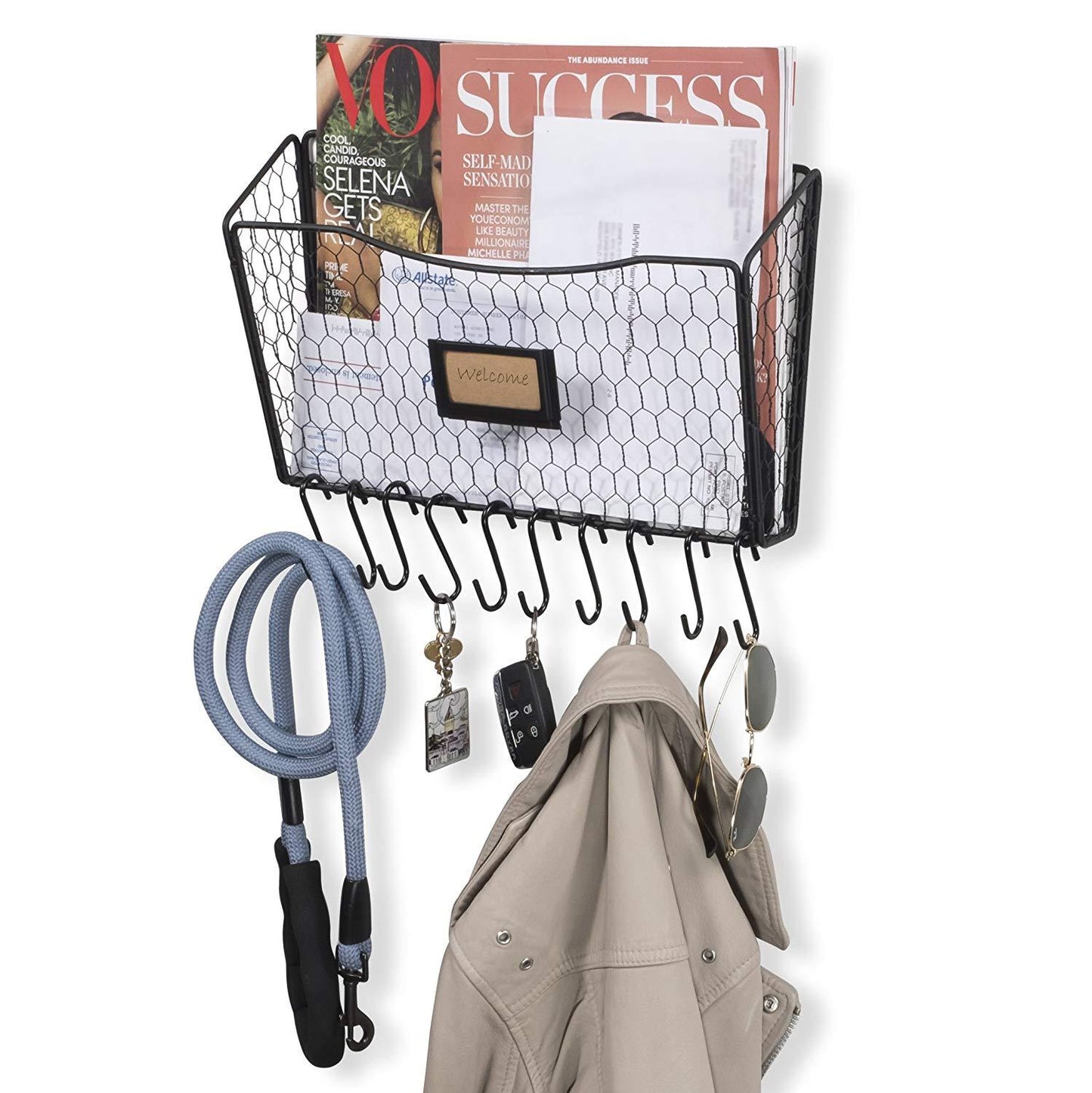 Wall35 Felic Chicken Wire Entryway Organizer Farmhouse Desktop Organizer - Wall Mounted File Folder Holder - Mail Sorter Basket with 10 Coat Hooks and Key Holder