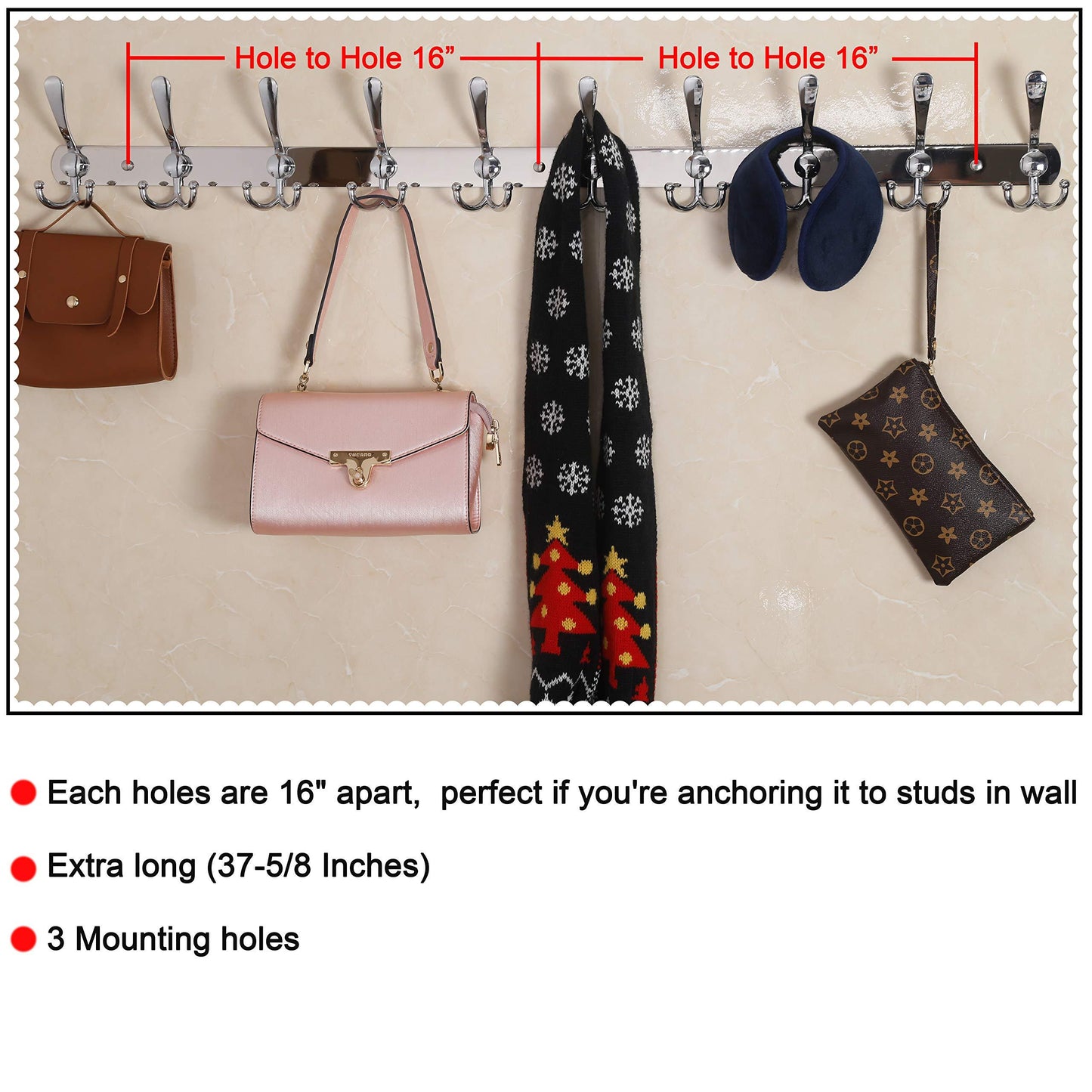 Dseap Wall Mounted Coat Rack - 10 Tri Hooks, 37-5/8” Long, 16” Hole to Hole - Heavy Duty Stainless Steel Coat Hook for Coat Hat Towel Robes Mudroom Bathroom Entryway (Chromed, 2 Packs)