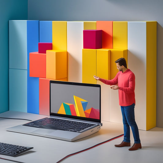A minimalist illustration of a person standing in front of a laptop, surrounded by simplified, colorful blocks and subtle gear icons, with three prominent, numbered arrows connecting the blocks.