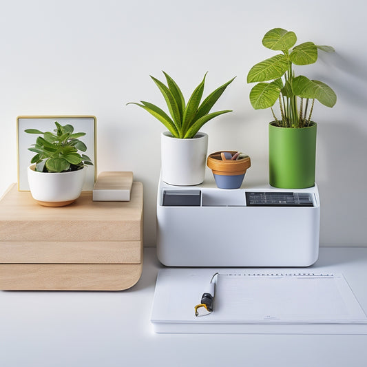 A tidy, modern desk with a built-in cable organizer, a compact paper tray, and a sleek pen holder, surrounded by a few, carefully-placed, vibrant, green plants, against a bright, white background.