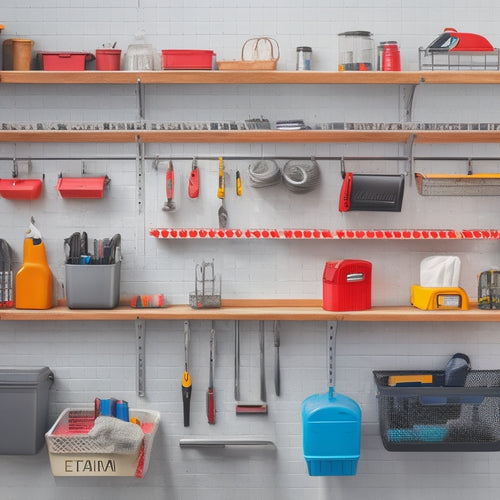 A well-organized garage with a tool wall featuring a pegboard with neatly arranged tools, a few hooks for hanging items, and a shelf with labeled bins, set against a clean and minimalist background.