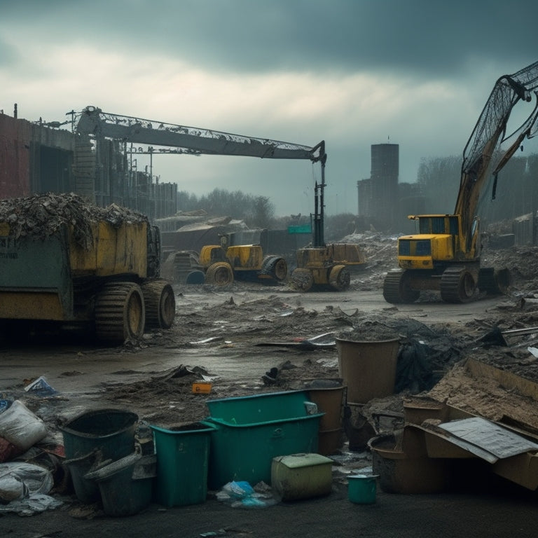 A cluttered construction site with idle workers, tangled blueprints, and abandoned machinery, surrounded by scattered tools, torn warning signs, and overflowing trash bins, under a gloomy, overcast sky.