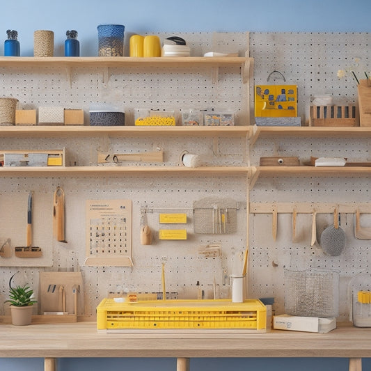 A bright, modern workspace with a wooden pegboard as the backdrop, featuring six stylish shelves in different shapes and sizes, each holding various tools and accessories in a neat, organized manner.