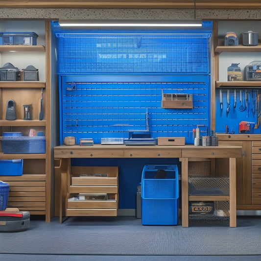 A tidy, well-lit garage with a pegboard displaying neatly arranged tools, a labeled storage cabinet, and a DIY workstation with a built-in vise and organized drawers.