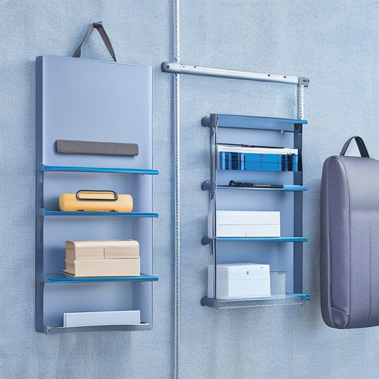 A close-up shot of the Safco SAF4160 Wall Rack's sleek, silver frame, with five hooks holding various office supplies, such as binders, bags, and headphones, against a light gray background.
