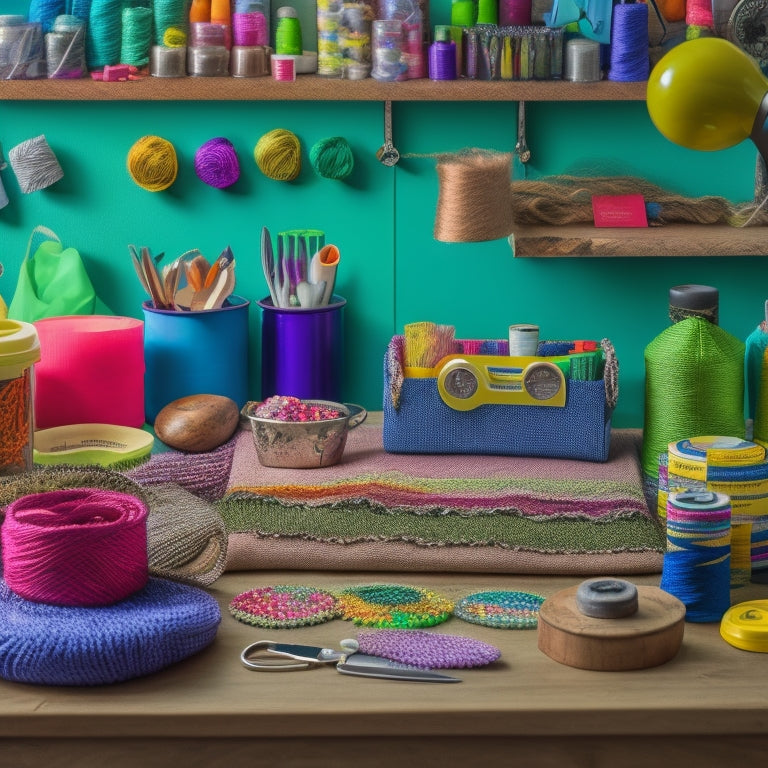 A vibrant and organized crafting workstation with an array of colorful threads, buttons, and beads, surrounded by scissors, glue guns, and half-finished projects, set against a rustic wooden backdrop.