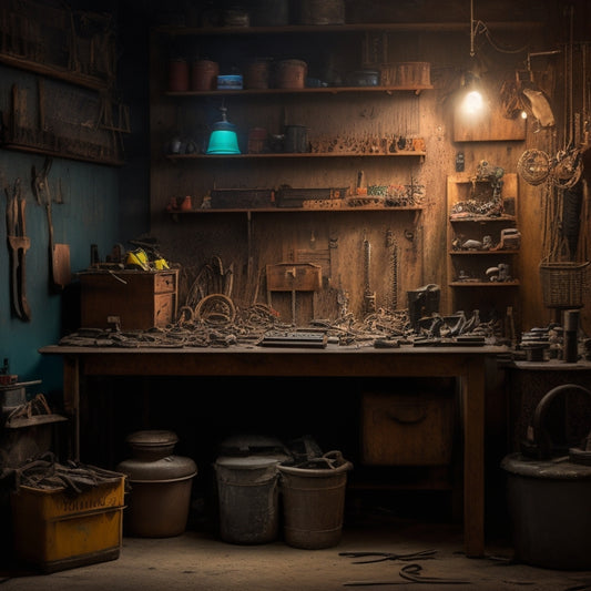 A dimly lit, cluttered workshop with scattered tools, rusty machinery, and tangled cords, contrasting with a clean, organized corner featuring a sleek, wall-mounted pegboard and a few neatly arranged tools.