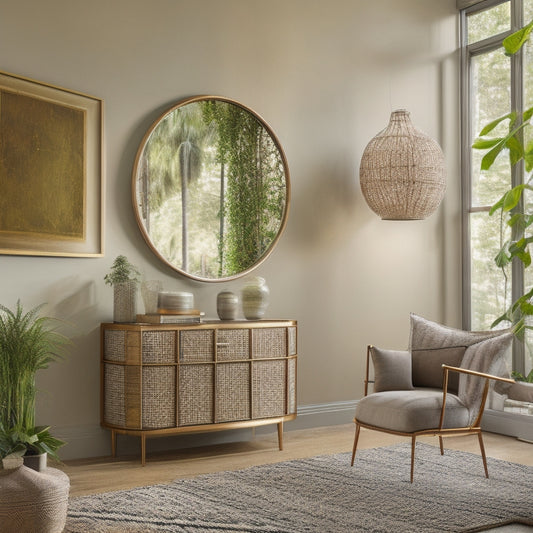 A modern living room with eclectic wall decor: a mix of framed abstract art, vintage mirrors, and woven baskets, surrounded by lush greenery and warm golden lighting.