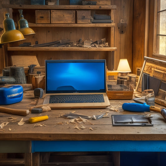 A cluttered woodworking bench with various tools and wood shavings, with a laptop and tablet in the center, displaying digital blueprints and project management screens.