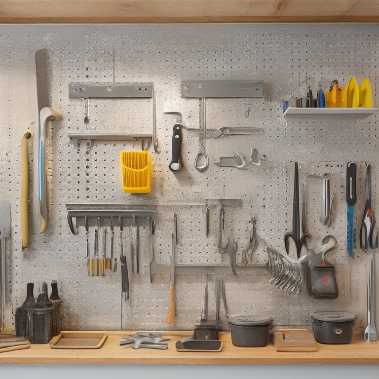 A well-lit, clutter-free workshop with a sleek, silver wall-mounted tool holder featuring adjustable hooks, a pegboard, and a tray, holding a variety of tools, such as wrenches, pliers, and screwdrivers, in a tidy arrangement.