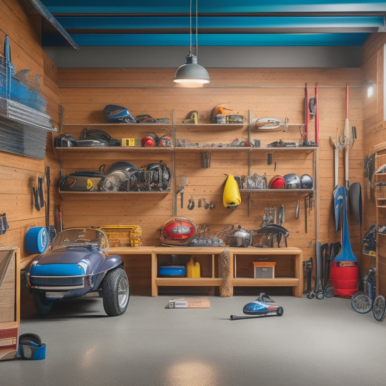 A cluttered garage with scattered tools and sports equipment, transformed into an organized space with labeled bins, a pegboard, and a slatwall, with a sleek sports car parked in the background.