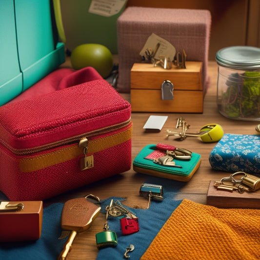 A clutter-free workspace with various key storage containers in the center, including a wooden box with a small lock, a metal key cabinet, and a colorful fabric pouch, surrounded by scattered keys.