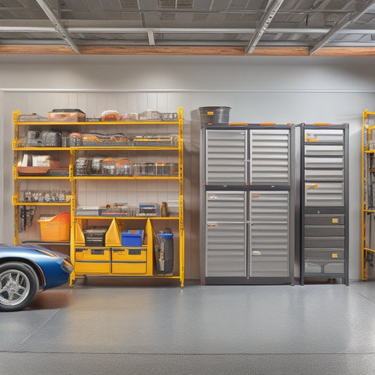 A well-organized garage with a sleek, metallic storage system featuring adjustable shelves, labeled bins, and a pegboard with hooks, surrounded by tools and machinery, with a sports car in the background.