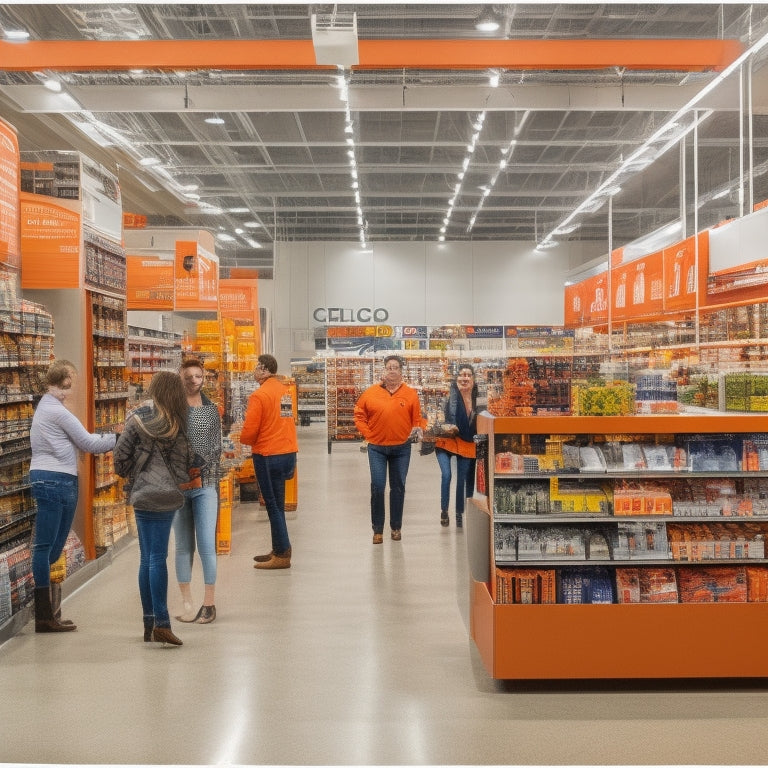 A bright, modern Home Depot store interior with a bustling atmosphere, featuring neatly organized shelves, a prominent "Customer First" banner, and happy customers receiving assistance from smiling employees.