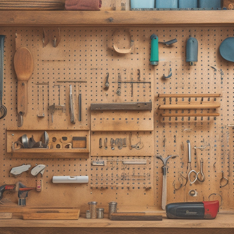 A pegboard with various hooks, bins, and tools organized in a tidy manner, surrounded by DIY materials like a hammer, level, and wooden planks, against a rustic wooden background.