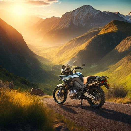 A scenic landscape featuring a winding mountain road, with a Yamaha Super Ténéré motorcycle in the distance, surrounded by lush greenery and majestic mountains, with a subtle sunbeam casting a warm glow.