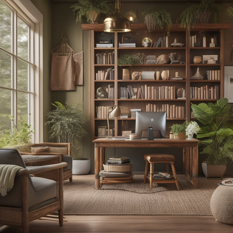 A warm and inviting home office with 7 wooden shelving units in varying wood tones, surrounded by lush greenery, soft lighting, and comfortable seating, with a few scattered books and decorative items.