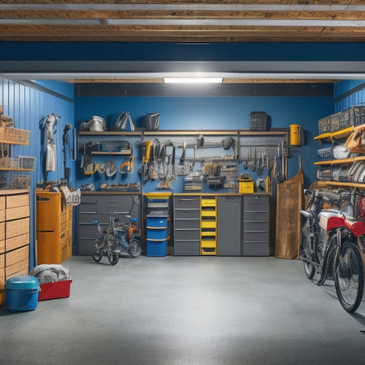 A cluttered garage with scattered tools and boxes, contrasted with a sleek, organized space featuring a ceiling-mounted storage system with hanging bins, baskets, and hooks, surrounded by a clean, checkered floor.