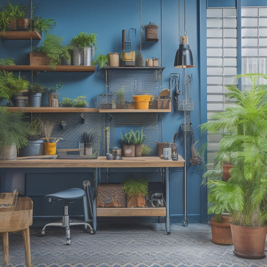 A bright, modern workshop with a large, sleek pegboard backdrop, adorned with an assortment of stylish hooks, bins, and tools, surrounded by a tidy workbench and a few potted plants.