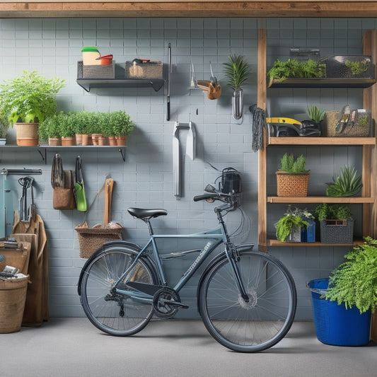 A tidy garage with a slat wall featuring a mix of accessories: hooks holding bikes and tools, bins storing small items, a pegboard with neatly organized gadgets, and a few decorative shelves with potted plants.