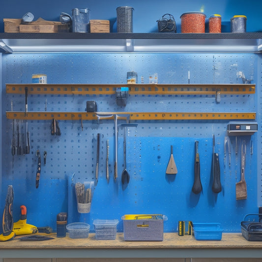 A brightly lit, modern workshop with a large metal pegboard wall organizer mounted on a gray concrete wall, holding various tools and accessories in an organized and tidy manner.